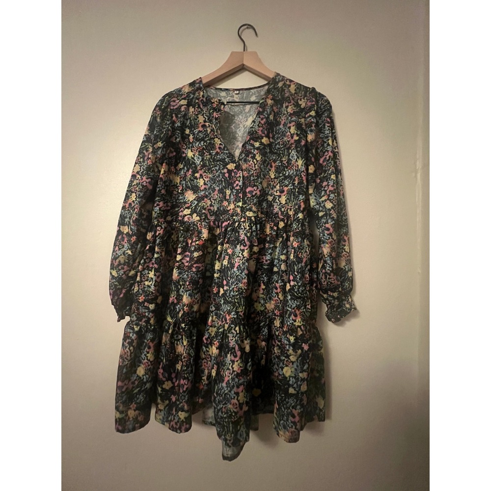 Floral Print Babydoll Dress Long Sleeve Tiered Mini Dress Small Black Multi